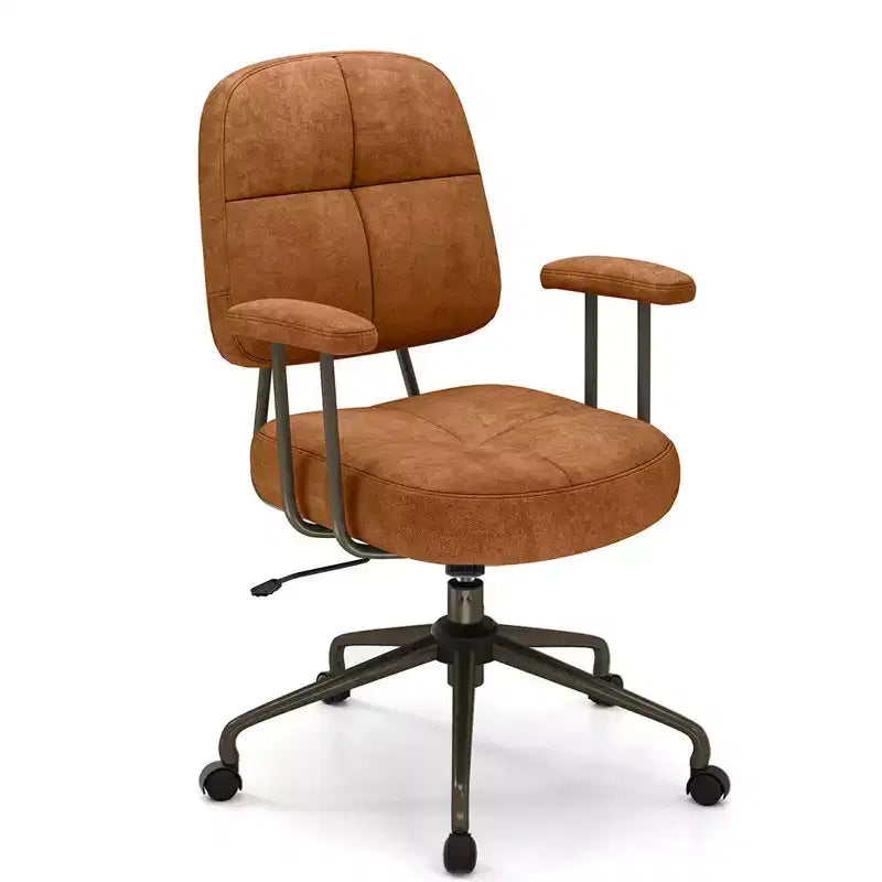 Home Office Chair, Leathaire Upholstered Task Chair with Cushioned Back & Armrests, Brown/Beige
