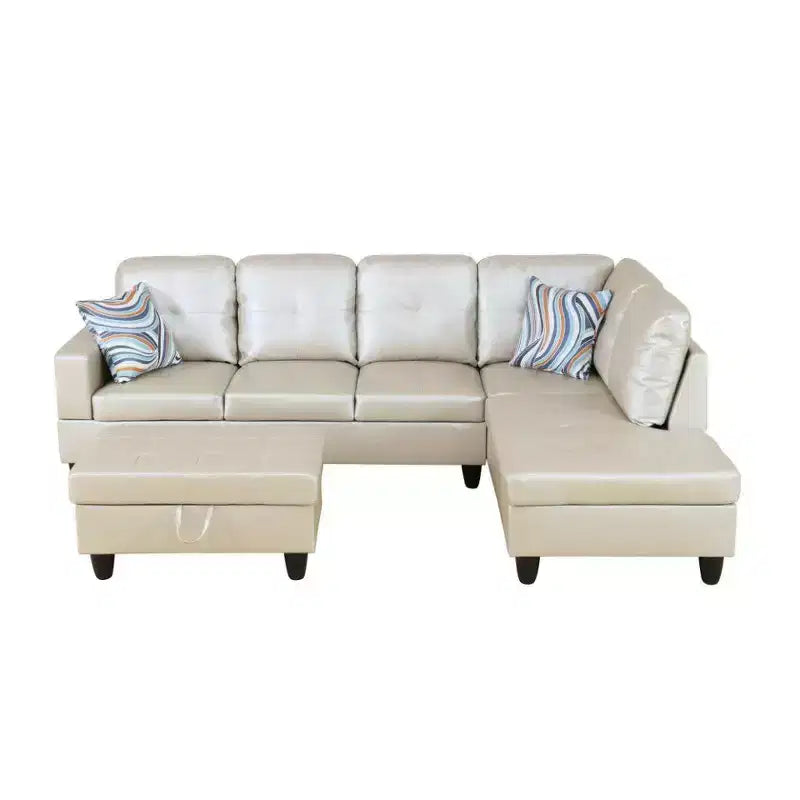 Canapé d'angle en similicuir semi-PU beige, design moderne en L, coussins capitonnés, pouf de rangement, décoration intérieure polyvalente.