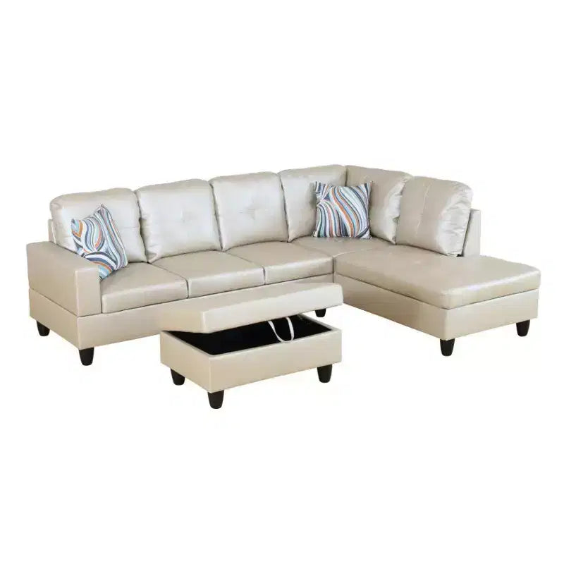 Canapé d'angle en similicuir semi-PU beige, design moderne en L, coussins capitonnés, pouf de rangement, décoration intérieure polyvalente.