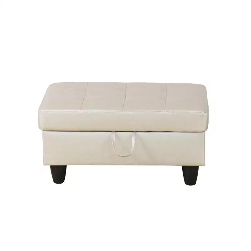Canapé d'angle en similicuir semi-PU beige, design moderne en L, coussins capitonnés, pouf de rangement, décoration intérieure polyvalente.