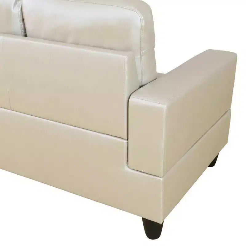 Canapé d'angle en similicuir semi-PU beige, design moderne en L, coussins capitonnés, pouf de rangement, décoration intérieure polyvalente.