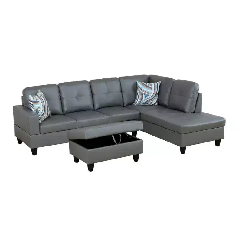 Canapé sectionnel gris foncé en similicuir PU - Design moderne en L, coussins capitonnés, oreillers décoratifs, pouf de rangement