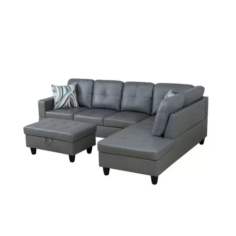 Canapé sectionnel gris foncé en similicuir PU - Design moderne en L, coussins capitonnés, oreillers décoratifs, pouf de rangement