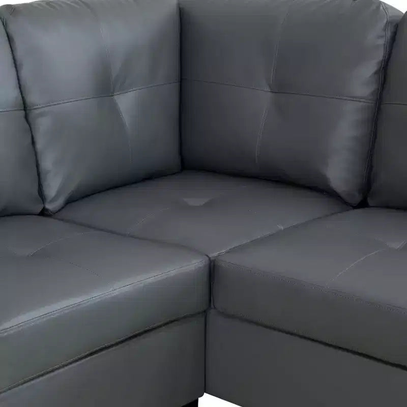 Canapé sectionnel gris foncé en similicuir PU - Design moderne en L, coussins capitonnés, oreillers décoratifs, pouf de rangement