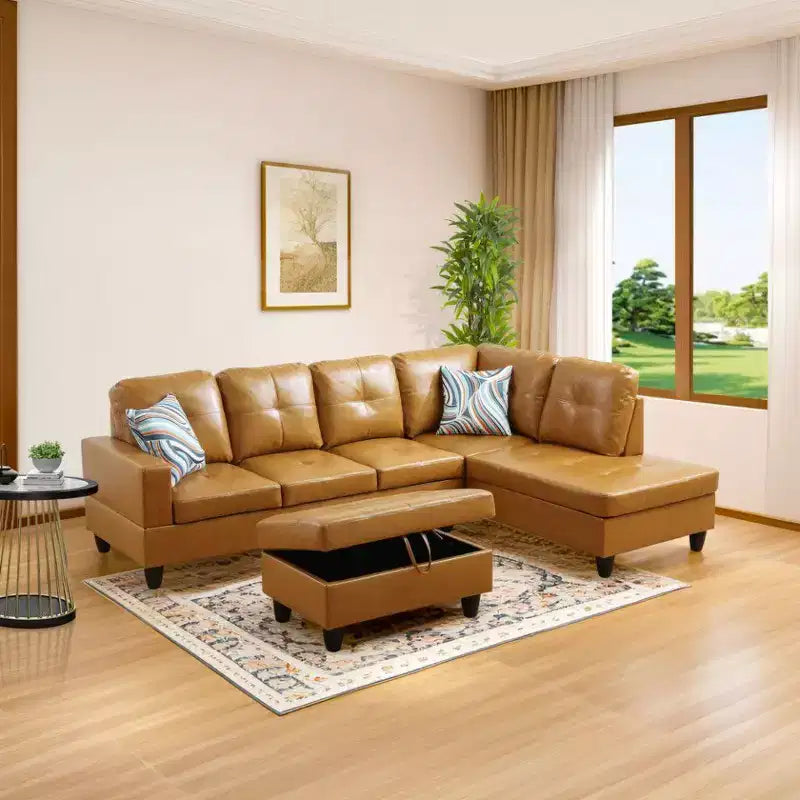 Tan Semi-PU Leather Sectional Sofa - Modern L-Shaped Design, Tufted Cushions, Decorative Pillows, Storage Ottoman