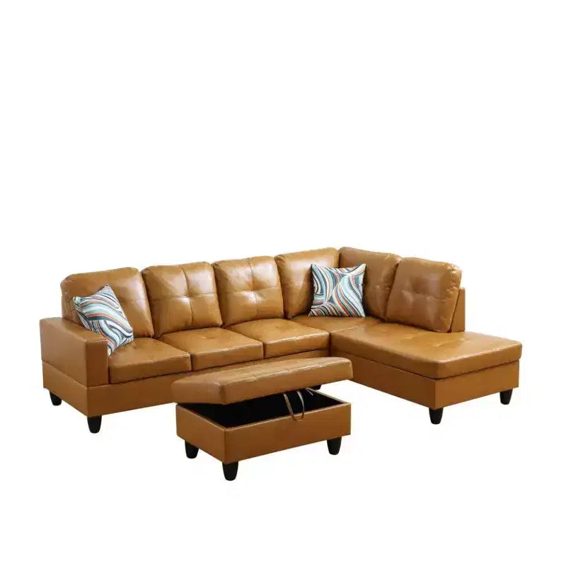 Canapé sectionnel en similicuir semi-PU Tan - Design moderne en forme de L, coussins capitonnés, oreillers décoratifs, pouf de rangement