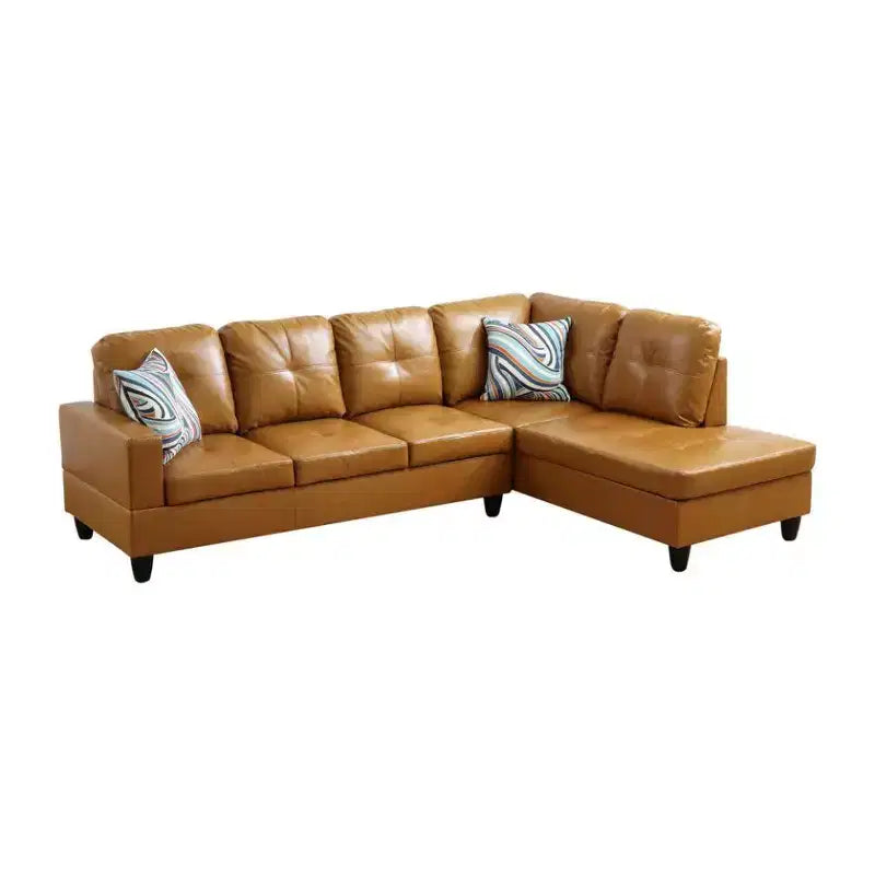 Canapé sectionnel en similicuir semi-PU Tan - Design moderne en forme de L, coussins capitonnés, oreillers décoratifs, pouf de rangement