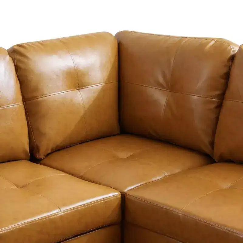 Canapé sectionnel en similicuir semi-PU Tan - Design moderne en forme de L, coussins capitonnés, oreillers décoratifs, pouf de rangement