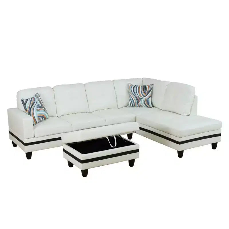 Canapé d'angle moderne en cuir synthétique - Grande forme en L, coussins moelleux, pouf de rangement, mobilier de salon contemporain