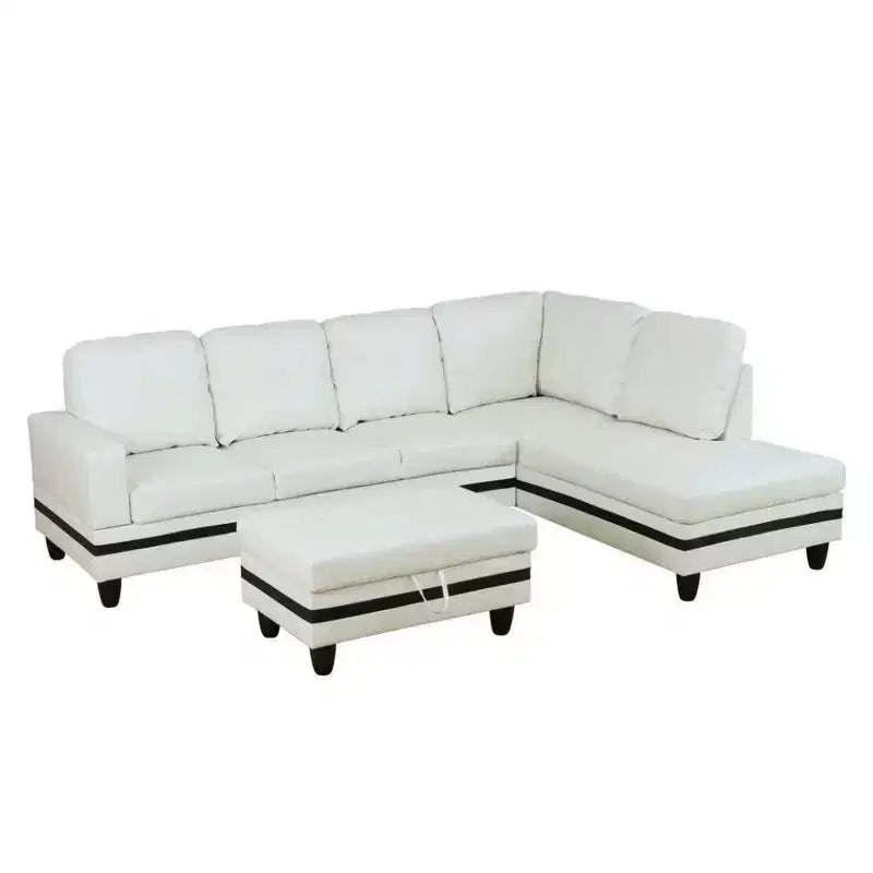Canapé d'angle moderne en cuir synthétique - Grande forme en L, coussins moelleux, pouf de rangement, mobilier de salon contemporain