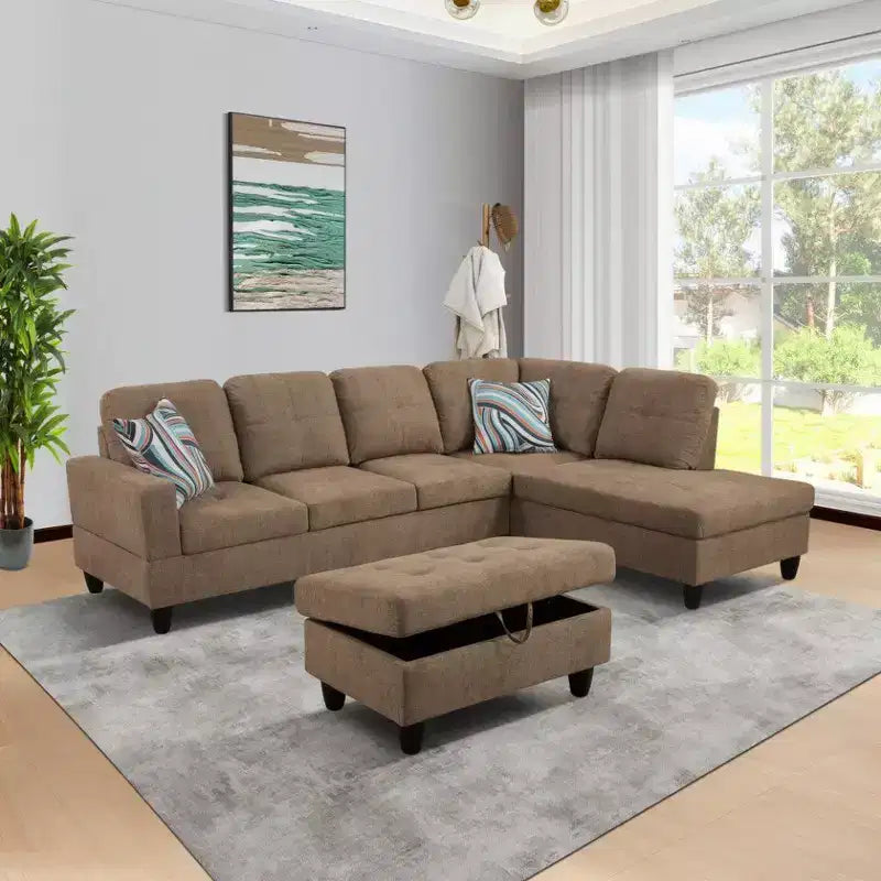 Discover Ultimate Comfort with Our Brown Fabric L-Shaped Sectional Sofa C Complete with Chaise Lounge and Storage Ottoman