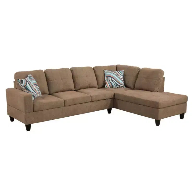 Découvrez le confort ultime avec notre canapé d'angle en tissu marron en forme de L, avec méridienne et pouf de rangement.