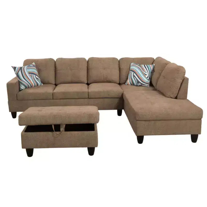 Découvrez le confort ultime avec notre canapé d'angle en tissu marron en forme de L, avec méridienne et pouf de rangement.