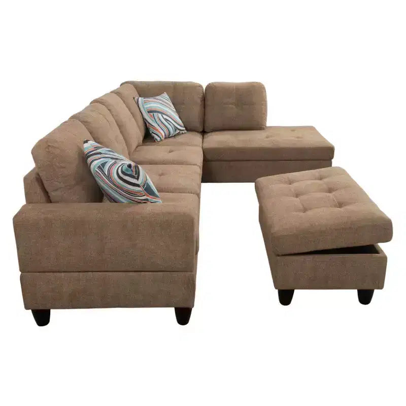 Découvrez le confort ultime avec notre canapé d'angle en tissu marron en forme de L, avec méridienne et pouf de rangement.
