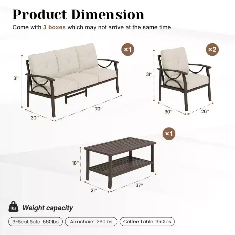 Ensemble de mobilier de patio extérieur Heynemo, ensemble de conversation de patio 4 pièces avec table basse, ensemble de mobilier en métal pour porche, jardin, gris