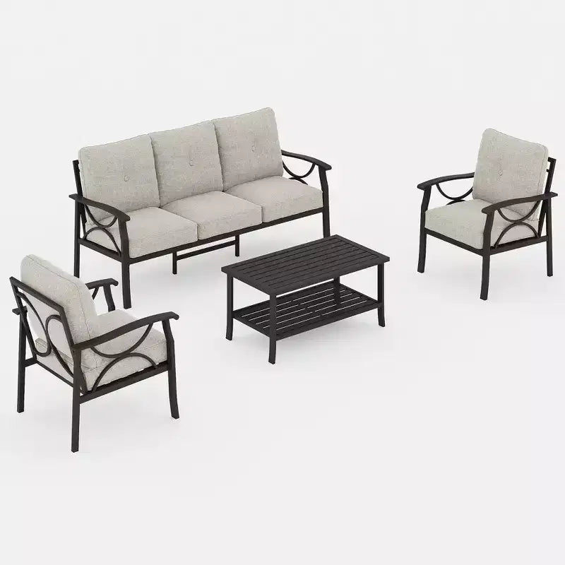 Ensemble de mobilier de patio extérieur Heynemo, ensemble de conversation de patio 4 pièces avec table basse, ensemble de mobilier en métal pour porche, jardin, gris