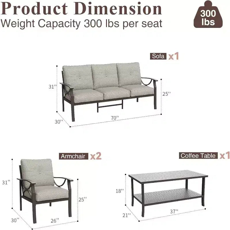 Ensemble de mobilier de patio extérieur Heynemo, ensemble de conversation de patio 4 pièces avec table basse, ensemble de mobilier en métal pour porche, jardin, gris
