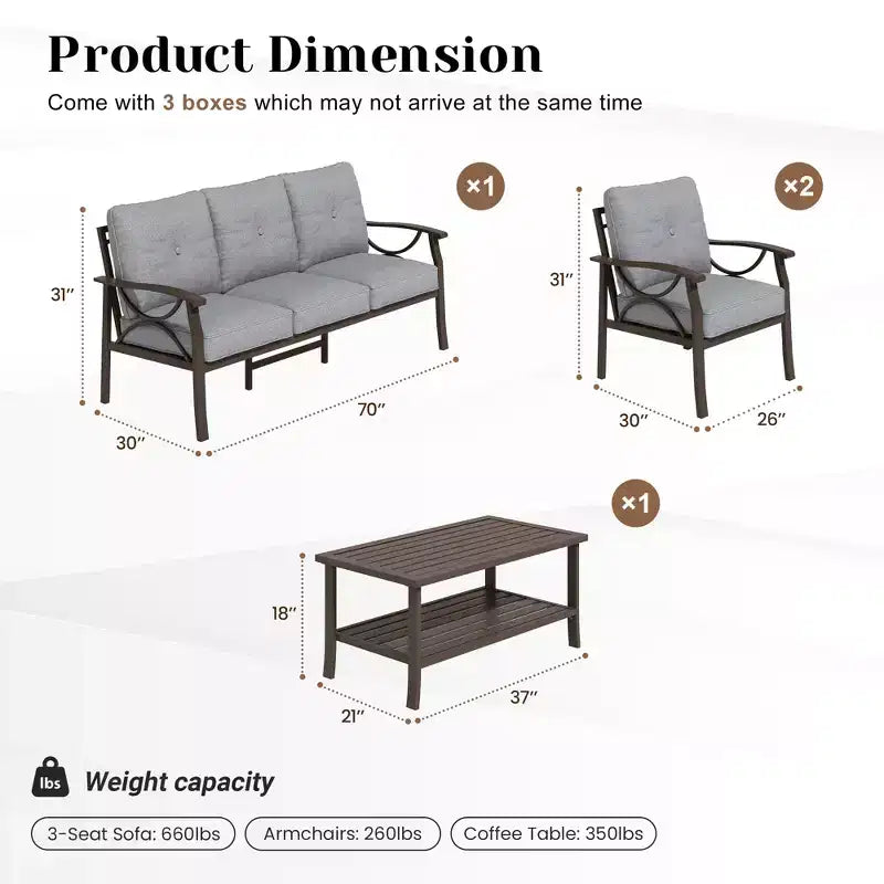 Ensemble de mobilier de patio extérieur Heynemo, ensemble de conversation de patio 4 pièces avec table basse, ensemble de mobilier en métal pour porche, jardin, gris