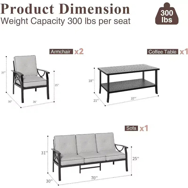Ensemble de mobilier de patio extérieur Heynemo, ensemble de conversation de patio 4 pièces avec table basse, ensemble de mobilier en métal pour porche, jardin, gris