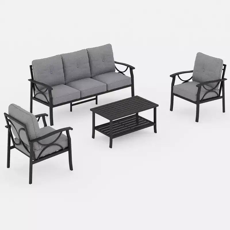 Ensemble de mobilier de patio extérieur Heynemo, ensemble de conversation de patio 4 pièces avec table basse, ensemble de mobilier en métal pour porche, jardin, gris