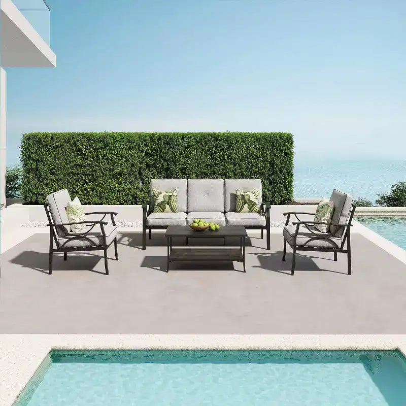 Ensemble de mobilier de patio extérieur Heynemo, ensemble de conversation de patio 4 pièces avec table basse, ensemble de mobilier en métal pour porche, jardin, gris