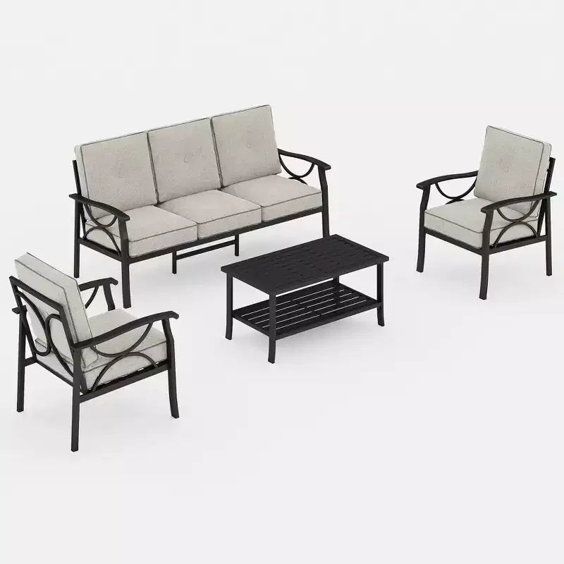 Ensemble de mobilier de patio extérieur Heynemo, ensemble de conversation de patio 4 pièces avec table basse, ensemble de mobilier en métal pour porche, jardin, gris