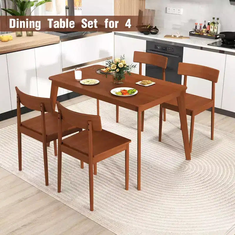 Costway Ensemble table à manger rectangulaire 5 pièces et 4 chaises avec cadre en bois d'hévéa