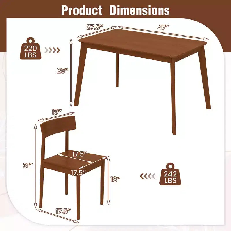 Costway Ensemble table à manger rectangulaire 5 pièces et 4 chaises avec cadre en bois d'hévéa