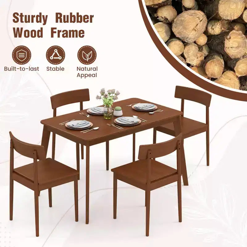 Costway Ensemble table à manger rectangulaire 5 pièces et 4 chaises avec cadre en bois d'hévéa