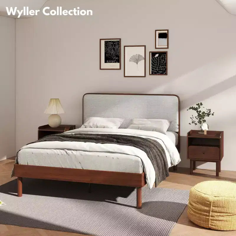 Ensemble de 2 meubles de chambre Roundhill Furniture Wyller, lit plateforme avec table de chevet, noyer naturel, grand lit