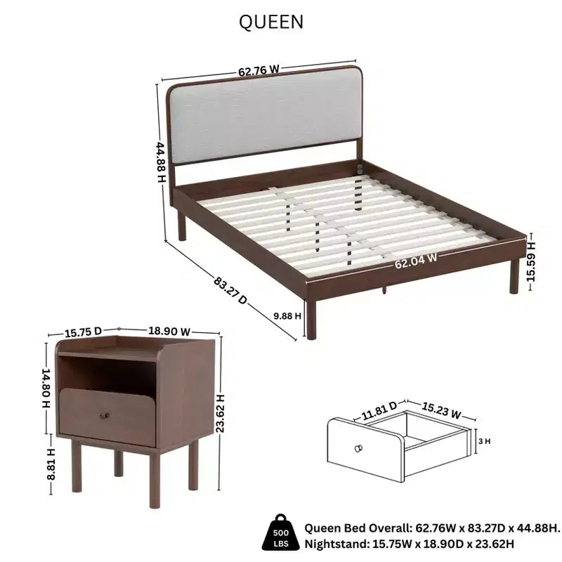 Ensemble de 2 meubles de chambre Roundhill Furniture Wyller, lit plateforme avec table de chevet, noyer naturel, grand lit