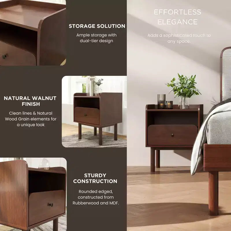 Ensemble de 2 meubles de chambre Roundhill Furniture Wyller, lit plateforme avec table de chevet, noyer naturel, grand lit