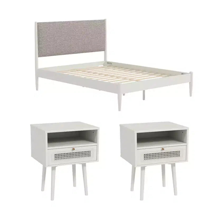Ensemble de chambre à coucher Roundhill Furniture Feeney 3 pièces, lit plateforme avec deux tables de chevet, blanc crème, grand lit