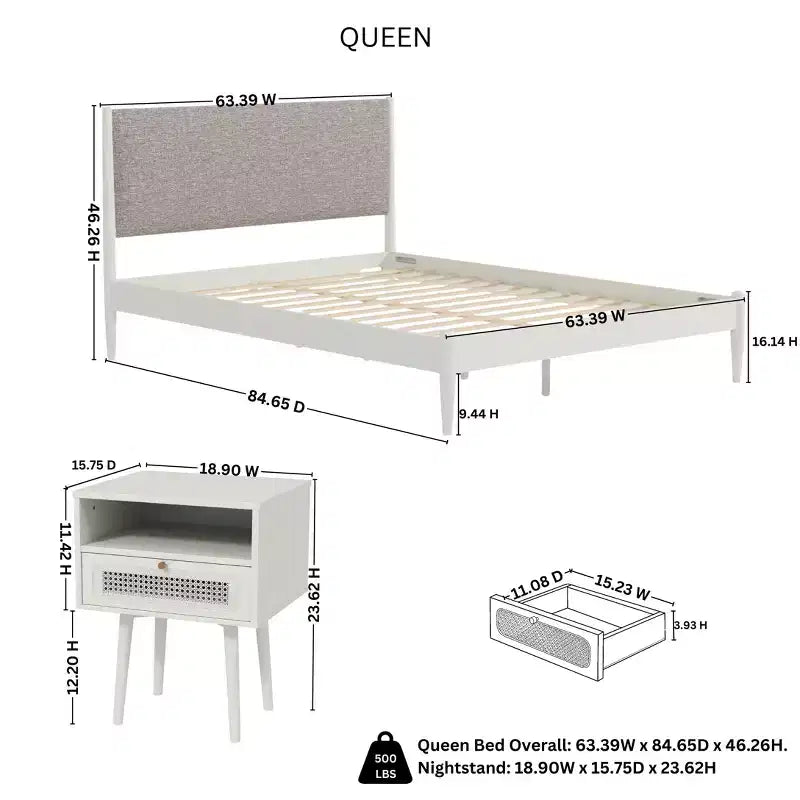 Ensemble de chambre à coucher Roundhill Furniture Feeney 3 pièces, lit plateforme avec deux tables de chevet, blanc crème, grand lit