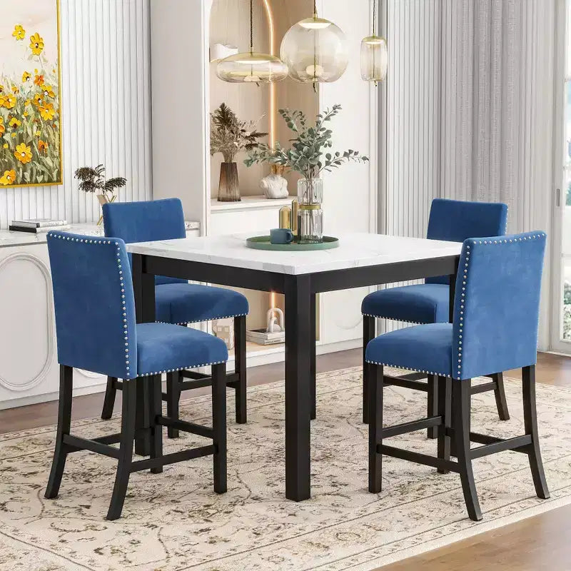 5 PCS Dining Set Counter Height Dining Table Set Bar Height Dining Set with 4 Velvet-Upholstered Chairs&Faux Marble Top Dining Table-ModernLuxe