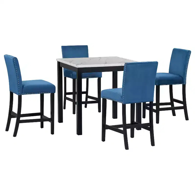 Ensemble de salle à manger 5 pièces, ensemble de table à manger à hauteur de comptoir, ensemble de salle à manger à hauteur de bar avec 4 chaises rembourrées en velours et table à manger à plateau en faux marbre - ModernLuxe