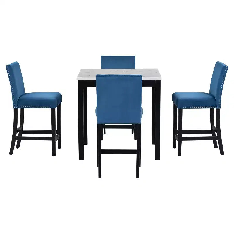 Ensemble de salle à manger 5 pièces, ensemble de table à manger à hauteur de comptoir, ensemble de salle à manger à hauteur de bar avec 4 chaises rembourrées en velours et table à manger à plateau en faux marbre - ModernLuxe