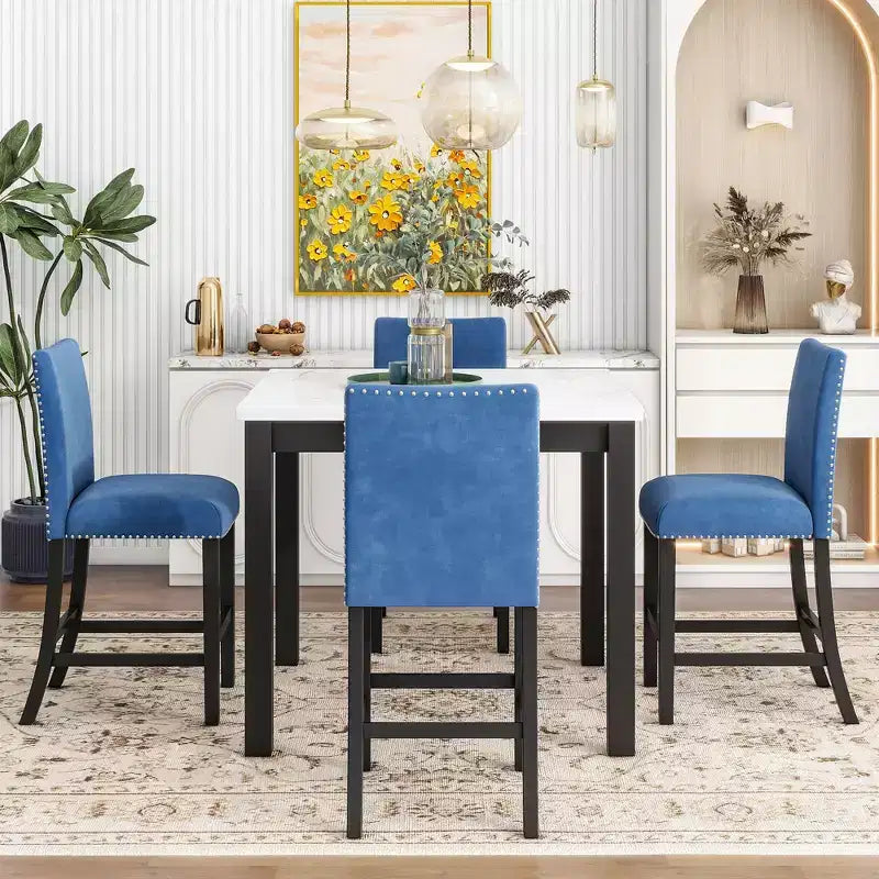 Ensemble de salle à manger 5 pièces, ensemble de table à manger à hauteur de comptoir, ensemble de salle à manger à hauteur de bar avec 4 chaises rembourrées en velours et table à manger à plateau en faux marbre - ModernLuxe