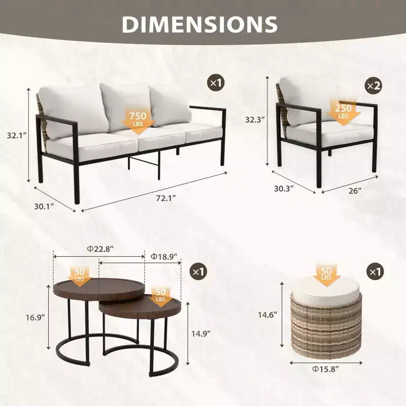 EAGLE PEAK Sunset Dune Ensemble de 6 pièces de mobilier d'extérieur moderne, Salon de jardin en osier aspect bois