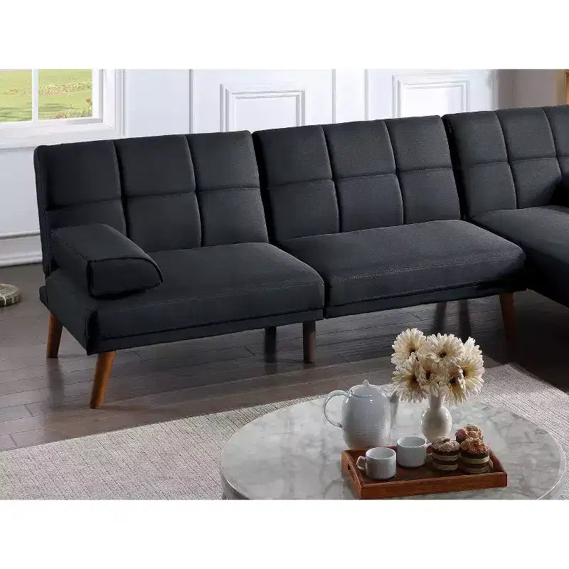 Canapé-lit Okak moderne réglable capitonné, causeuse 2 places en peluche avec pieds en bois pour petits appartements, salon