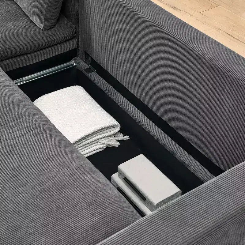 Canapé-lit convertible d'angle Okak 90, avec couchage escamotable, rangement et housses en velours côtelé amovibles pour salon.