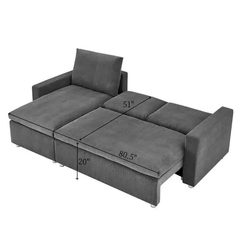 Canapé-lit convertible d'angle Okak 90, avec couchage escamotable, rangement et housses en velours côtelé amovibles pour salon.