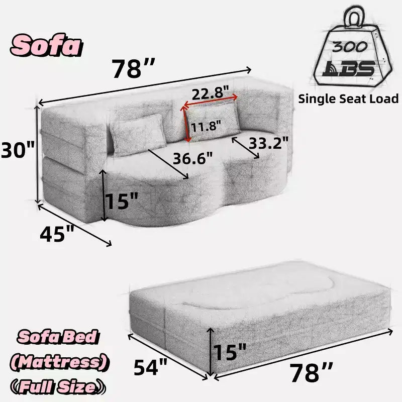 Okak Canapé modulable moderne convertible Canapé de sol avec 2 oreillers Tissu bouclé Rembourré Matelas pliant Aucun assemblage requis