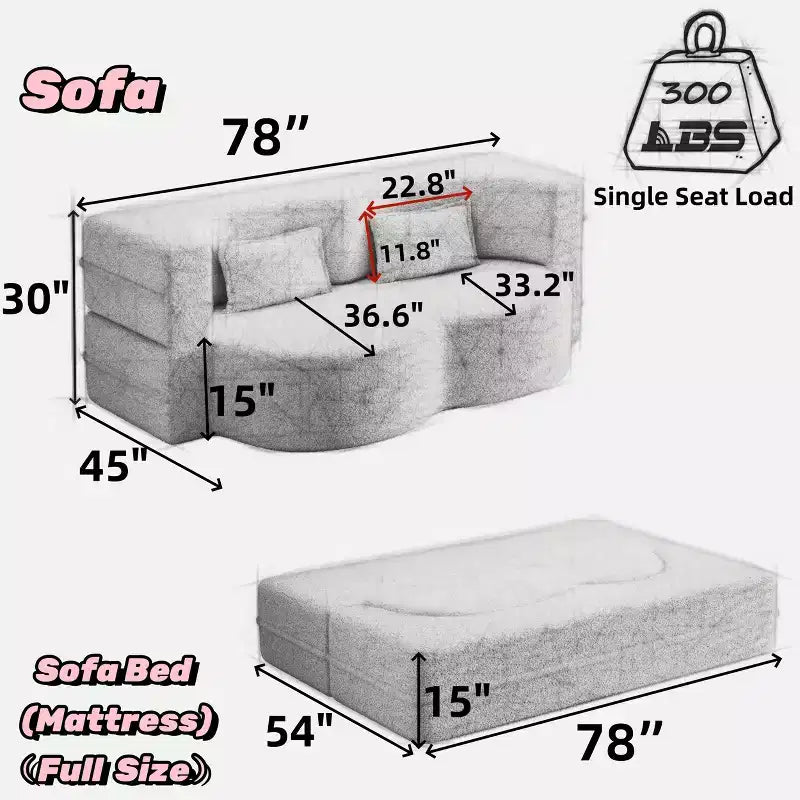 Okak Canapé modulable moderne convertible Canapé de sol avec 2 oreillers Tissu bouclé Rembourré Matelas pliant Aucun assemblage requis