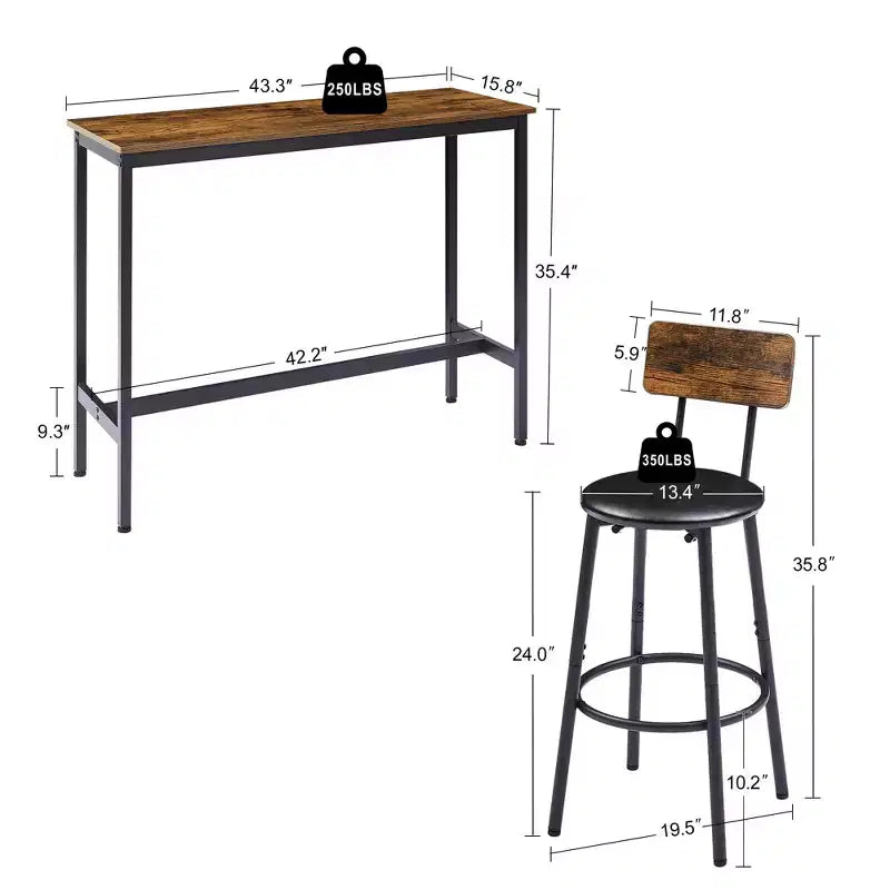 Ensemble de table de bar rustique 3 pièces GDFStudio Briar avec tabourets de bar rembourrés en similicuir