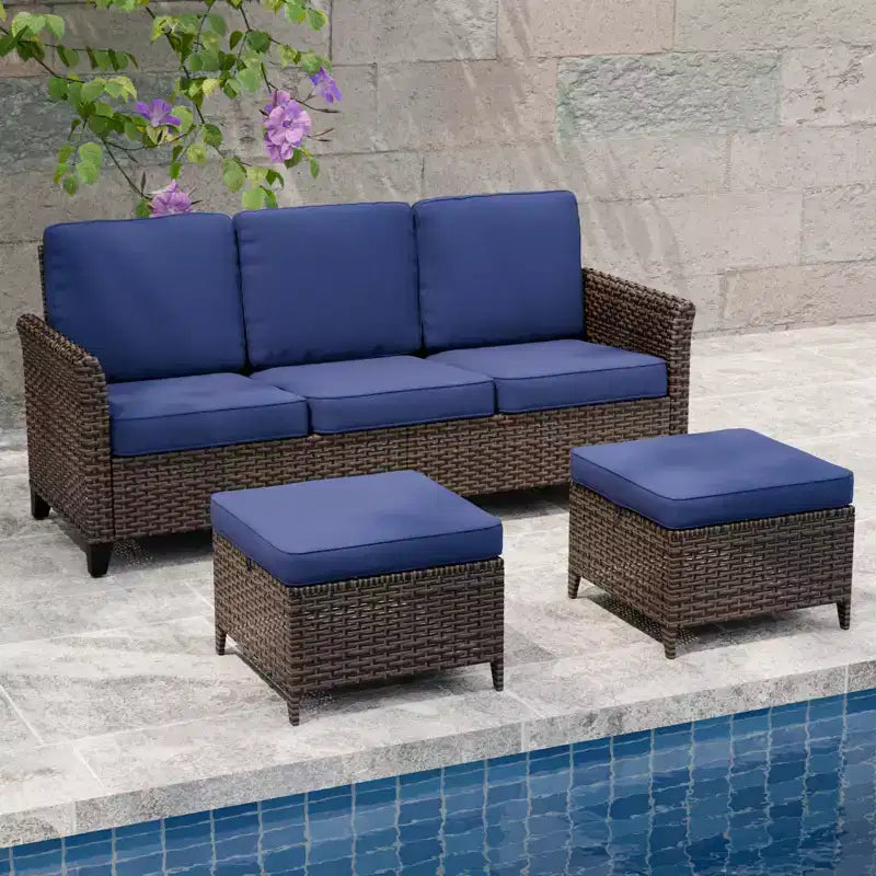 Canapé d'extérieur en osier EAGLE PEAK Ocean Vista 3 pièces, ensemble canapé 3 places en osier varié avec poufs