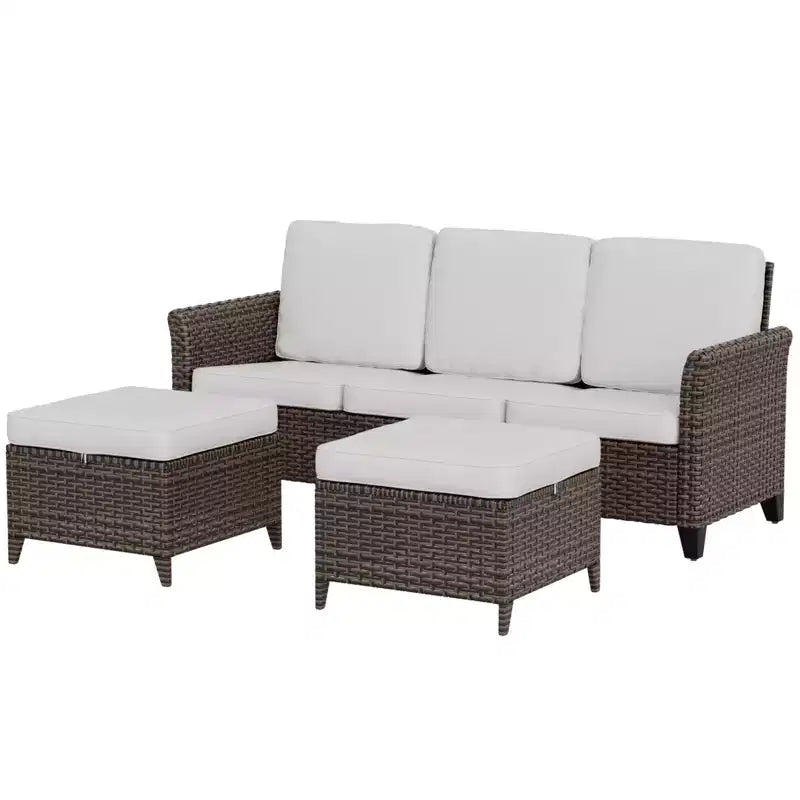 Canapé d'extérieur en osier EAGLE PEAK Ocean Vista 3 pièces, ensemble canapé 3 places en osier varié avec poufs