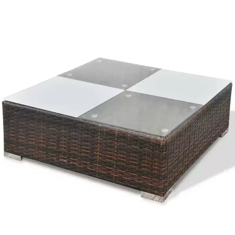 vidaXL Salon de jardin 5 pièces en résine tressée, marron – Ensemble de canapés d'extérieur durable toutes saisons avec coussins, pouf et table basse