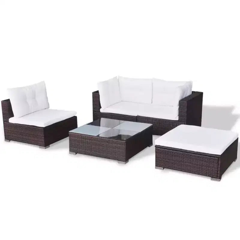 vidaXL Salon de jardin 5 pièces en résine tressée, marron – Ensemble de canapés d'extérieur durable toutes saisons avec coussins, pouf et table basse