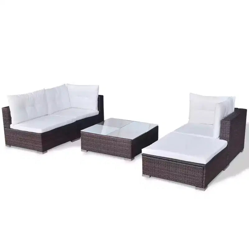 vidaXL Salon de jardin 5 pièces en résine tressée, marron – Ensemble de canapés d'extérieur durable toutes saisons avec coussins, pouf et table basse